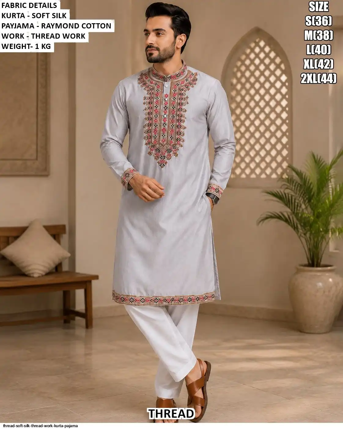 THREAD SOFT SILK THREAD WORK KURTA PAJAMA C