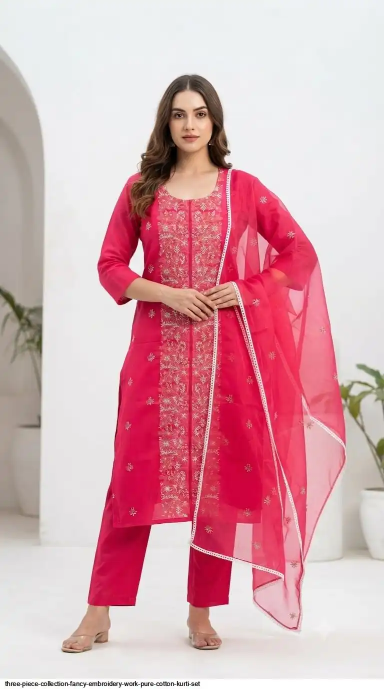 FANCY EMBROIDERY WORK PURE COTTON KURTI SET C