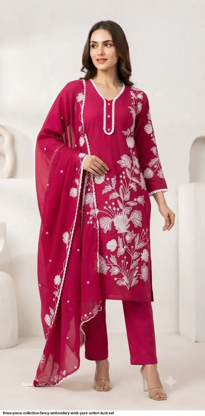 FANCY EMBROIDERY WORK PURE COTTON KURTI SET A
