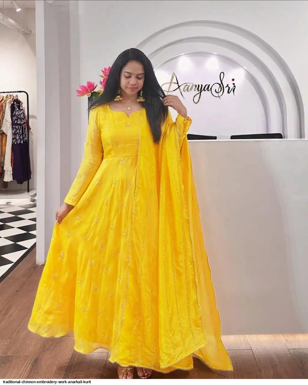 TRADITIONAL CHINNON EMBROIDERY WORK ANARKALI KURTI A