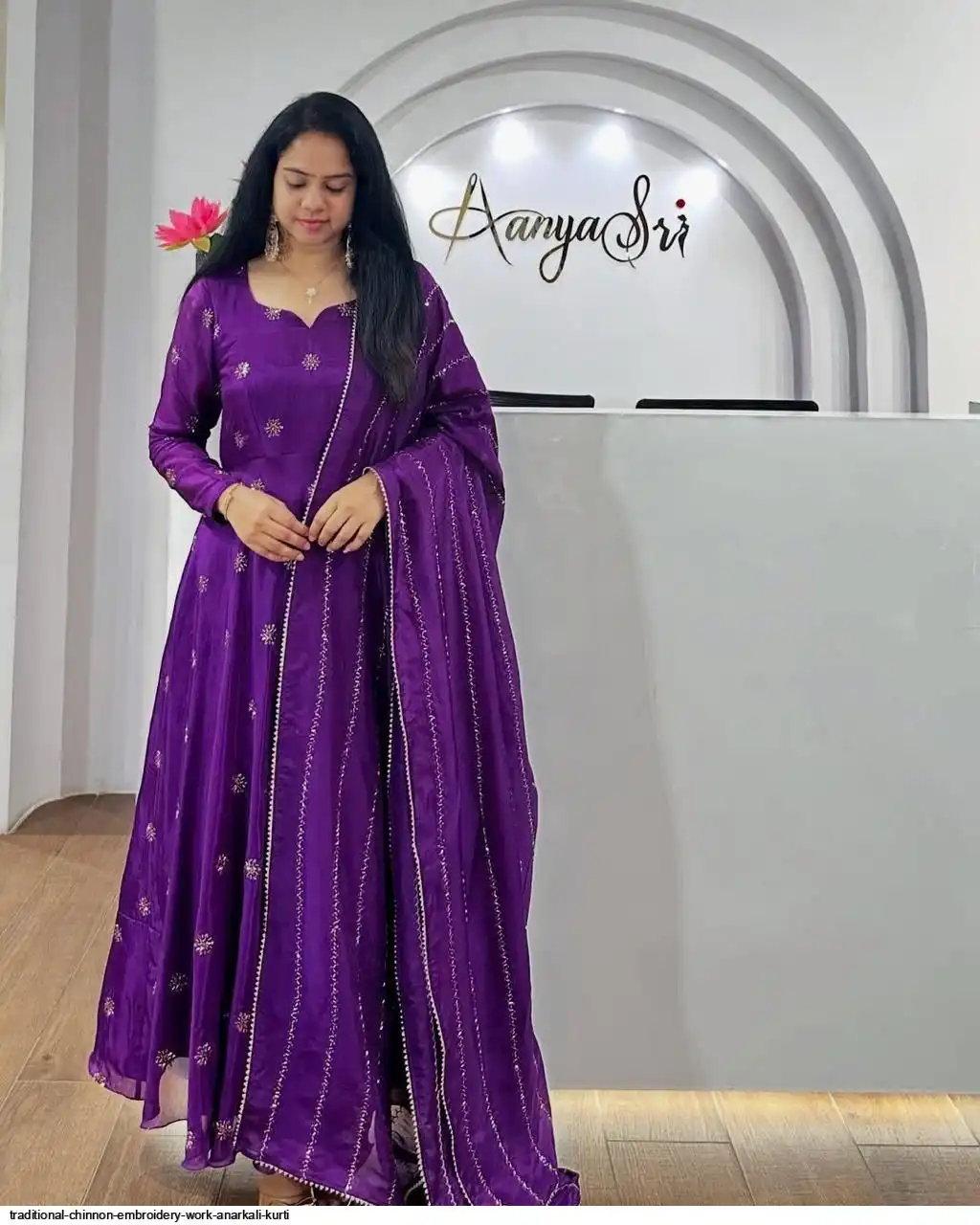 TRADITIONAL CHINNON EMBROIDERY WORK ANARKALI KURTI B