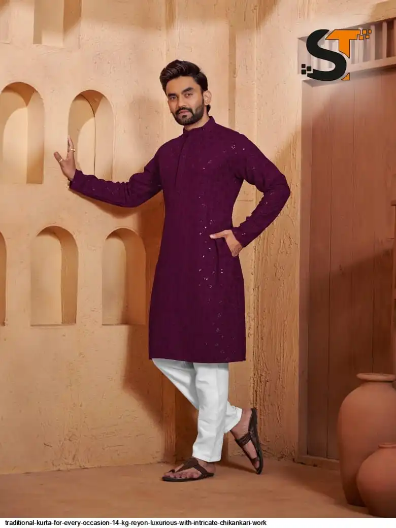 TRADITIONAL KURTA FOR EVERY OCCASION 14 KG REYON LUXURIOUS WITH INTRICATE CHIKANKARI WORK 2