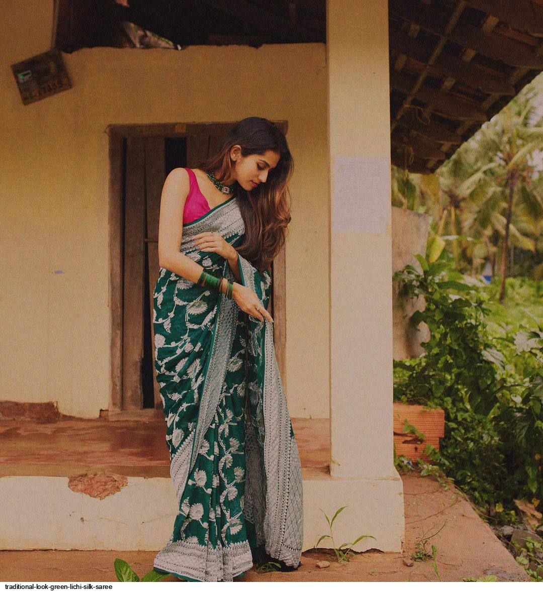 TRADITIONAL LOOK GREEN LICHI SILK SAREE