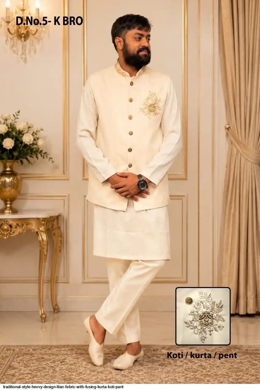 TRADITIONAL STYLE HEVVY DESIGN LILAN FEBRIC WITH FUSING KURTA KOTI PANT 2