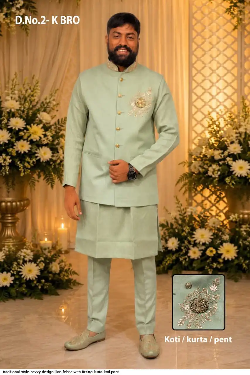 TRADITIONAL STYLE HEVVY DESIGN LILAN FEBRIC WITH FUSING KURTA KOTI PANT 3