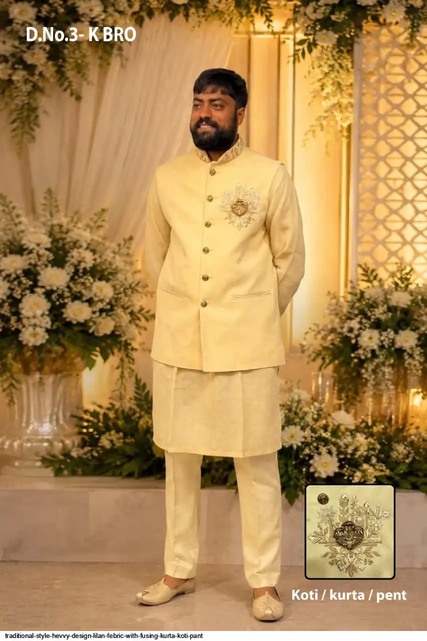 TRADITIONAL STYLE HEVVY DESIGN LILAN FEBRIC WITH FUSING KURTA KOTI PANT 4