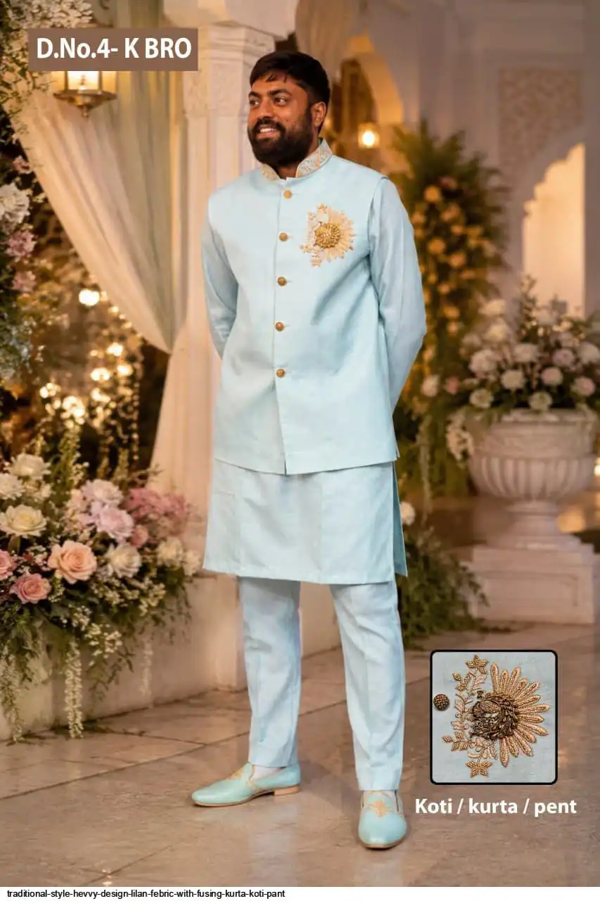 TRADITIONAL STYLE HEVVY DESIGN LILAN FEBRIC WITH FUSING KURTA KOTI PANT 5
