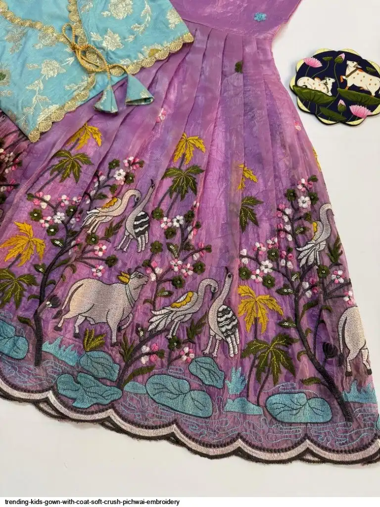 TRENDING KIDS GOWN WITH COAT SOFT CRUSH PICHWAI EMBROIDERY 5