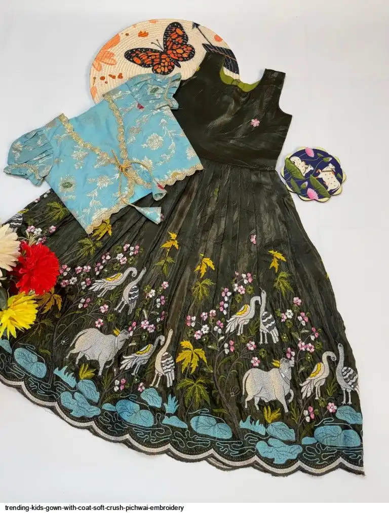 TRENDING KIDS GOWN WITH COAT SOFT CRUSH PICHWAI EMBROIDERY 7