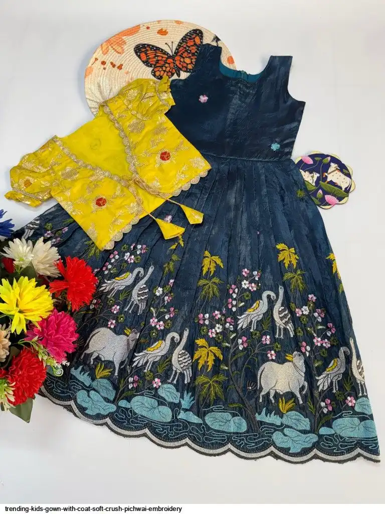 TRENDING KIDS GOWN WITH COAT SOFT CRUSH PICHWAI EMBROIDERY 8