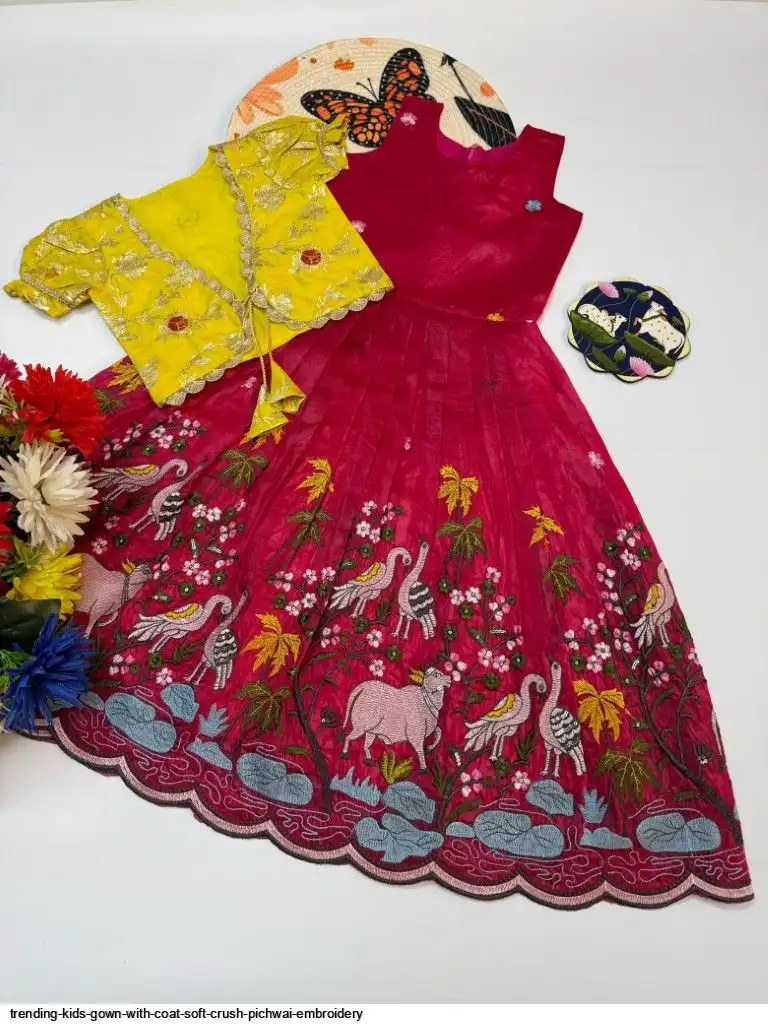 TRENDING KIDS GOWN WITH COAT SOFT CRUSH PICHWAI EMBROIDERY 6
