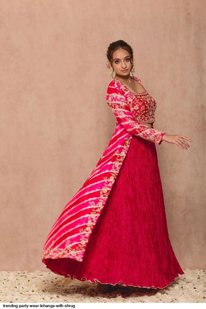 Lehenga with long shrug | Lehenga designs simple, Fashion design clothes,  Clothes design