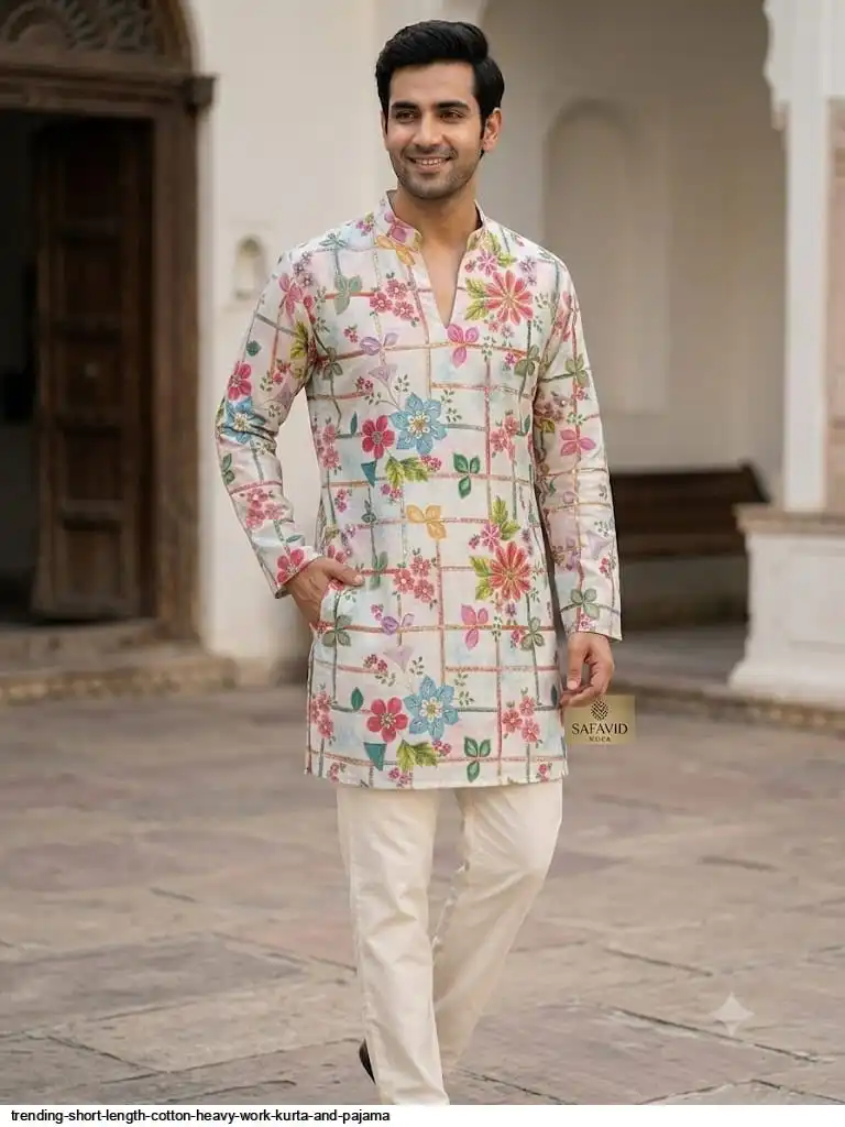TRENDING SHORT LENGTH COTTON HEAVY WORK KURTA AND PAJAMA A