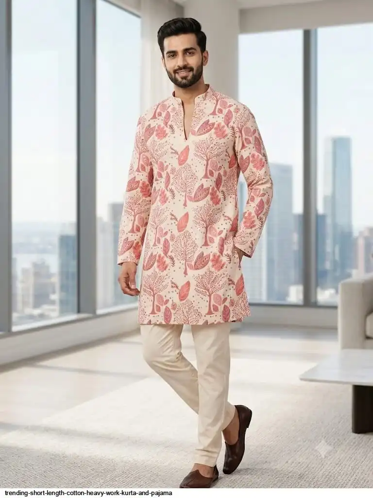 TRENDING SHORT LENGTH COTTON HEAVY WORK KURTA AND PAJAMA B