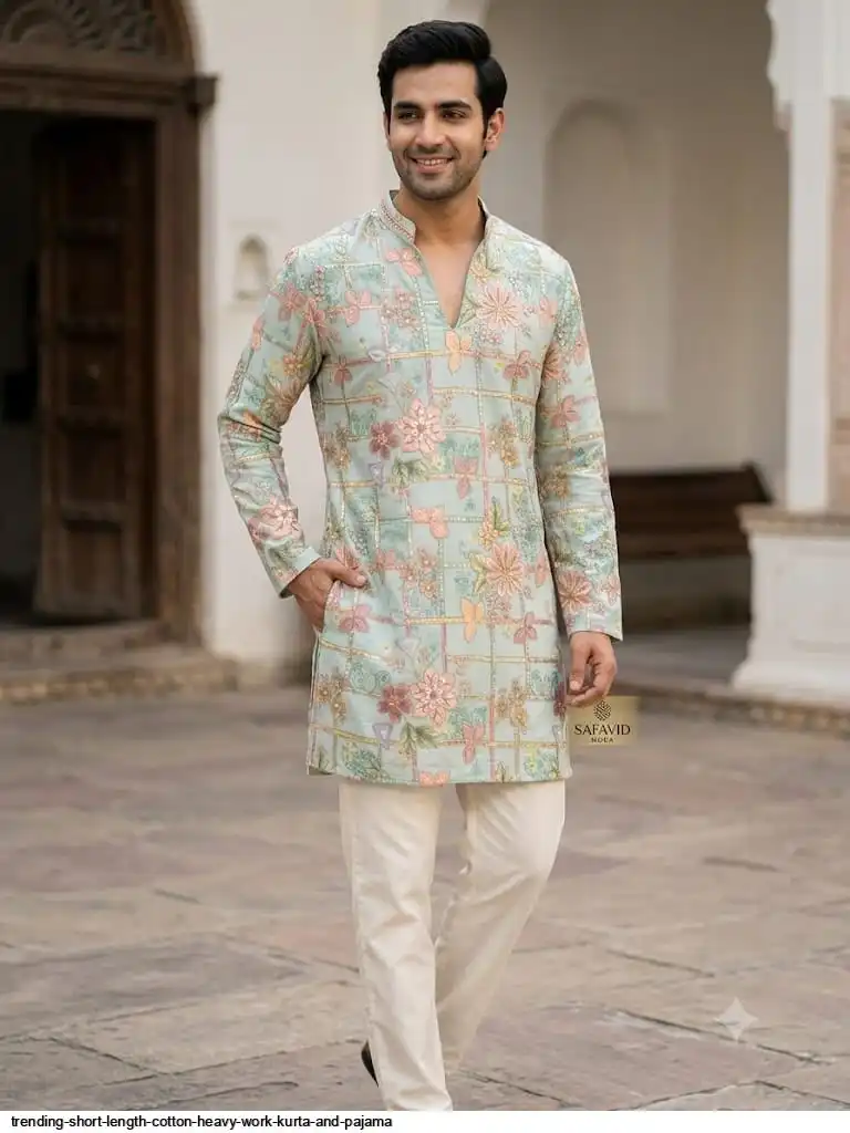 TRENDING SHORT LENGTH COTTON HEAVY WORK KURTA AND PAJAMA C