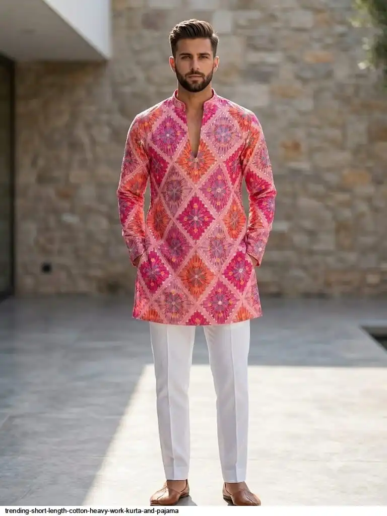 TRENDING SHORT LENGTH COTTON HEAVY WORK KURTA AND PAJAMA E