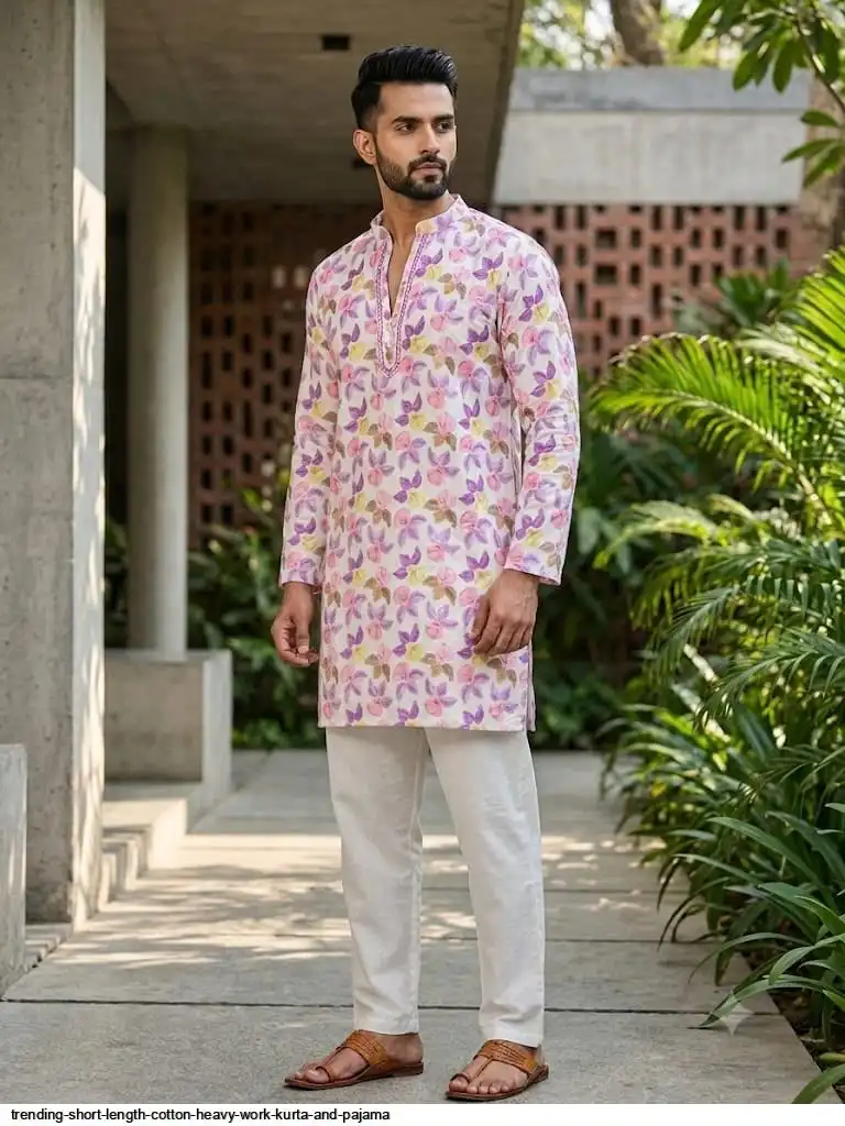 TRENDING SHORT LENGTH COTTON HEAVY WORK KURTA AND PAJAMA G
