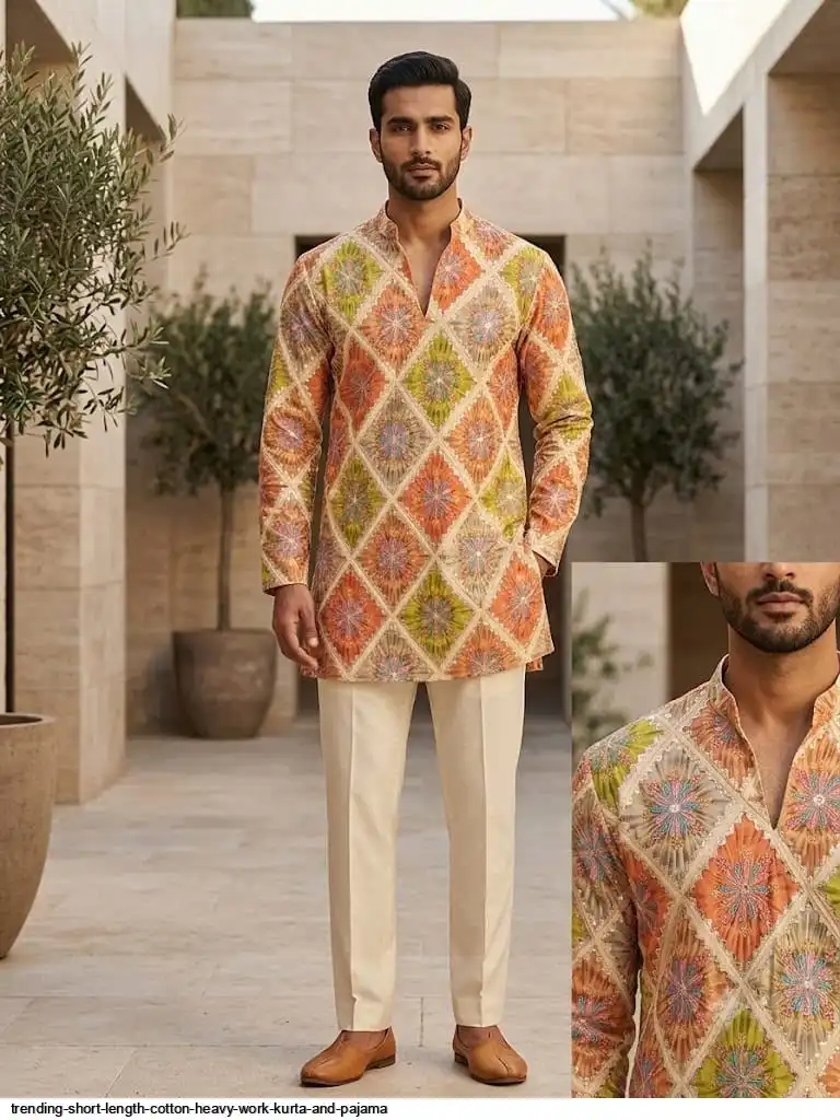 TRENDING SHORT LENGTH COTTON HEAVY WORK KURTA AND PAJAMA F