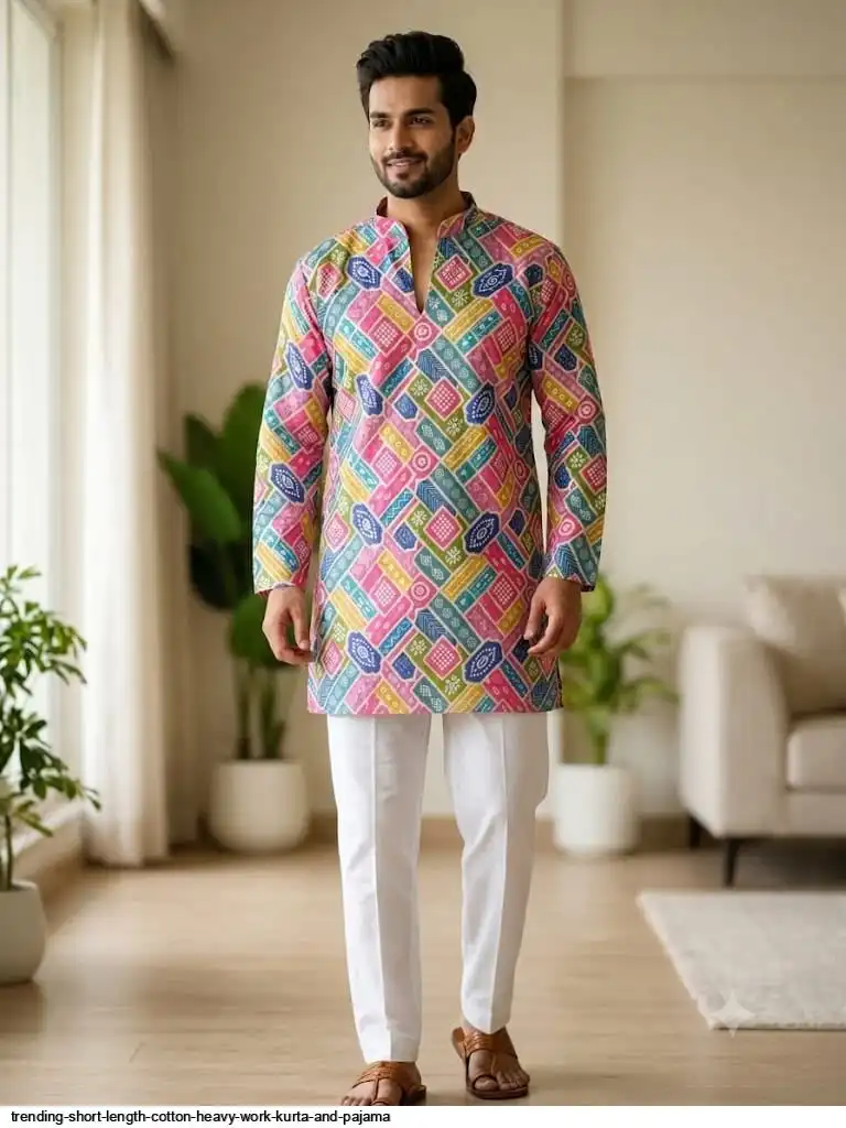 TRENDING SHORT LENGTH COTTON HEAVY WORK KURTA AND PAJAMA H