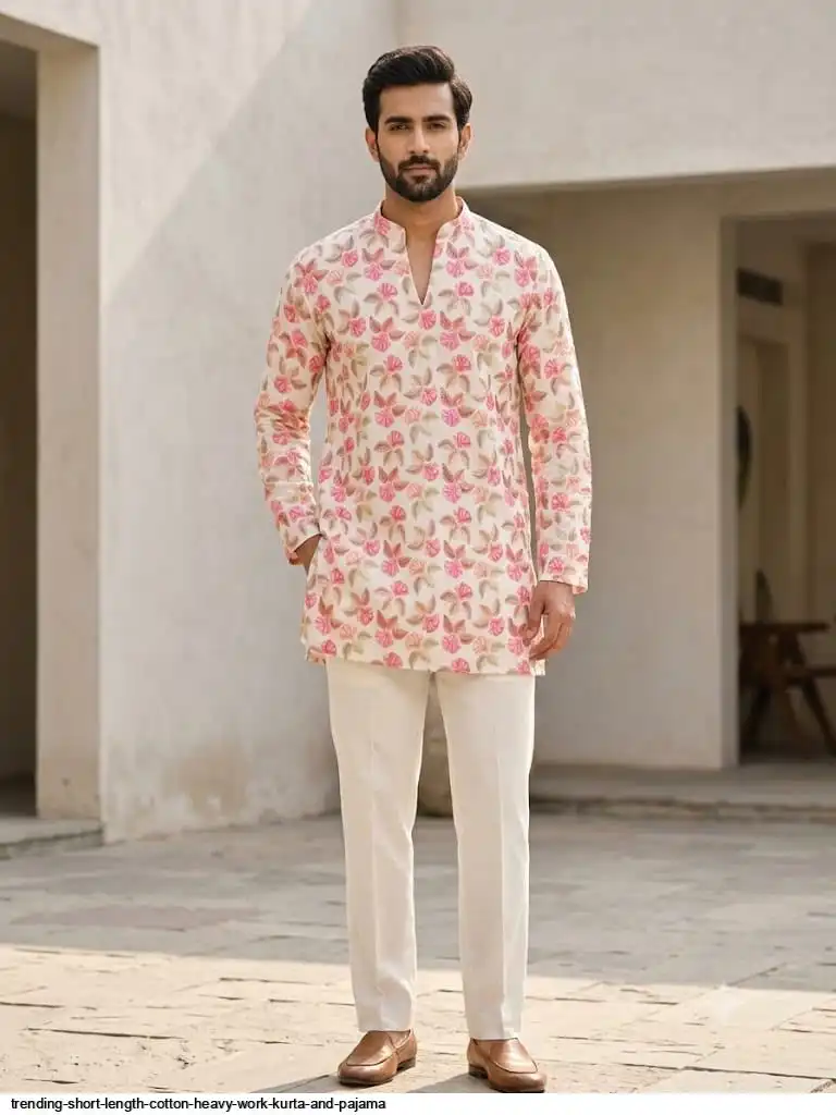 TRENDING SHORT LENGTH COTTON HEAVY WORK KURTA AND PAJAMA J