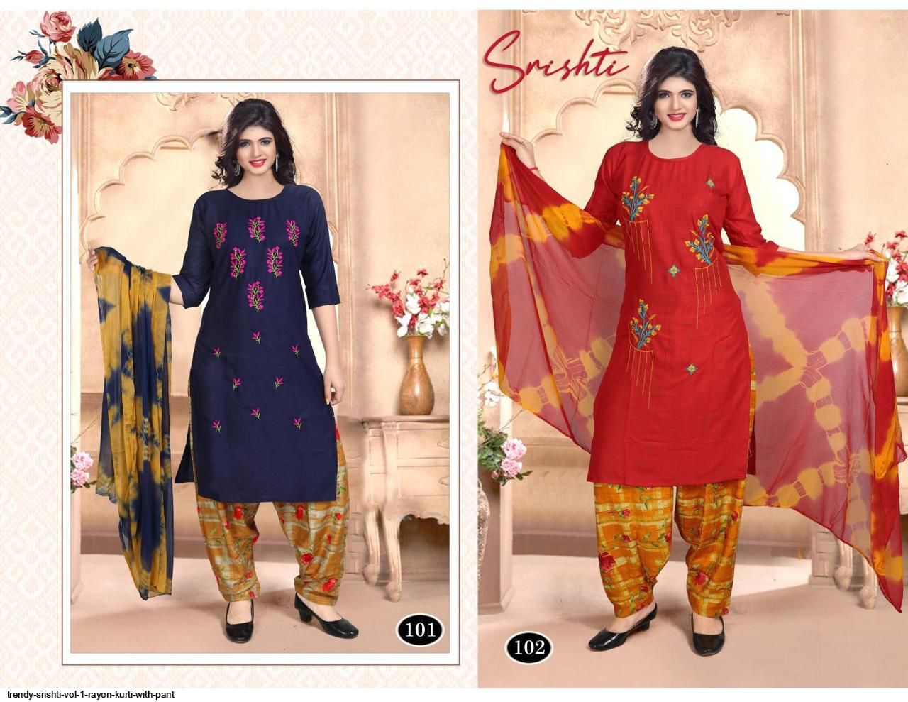 trendy srishti vol 1 rayon kurti with pant 1905