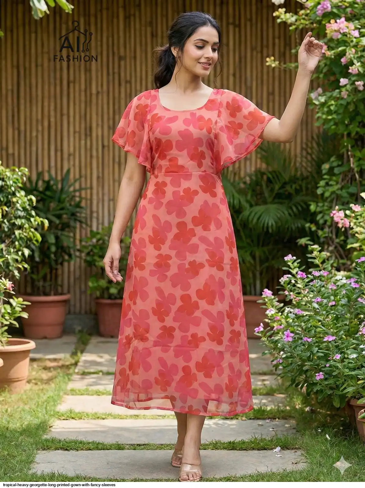 TROPICAL HEAVY GEORGETTE LONG PRINTED GOWN WITH FANCY SLEEVES A