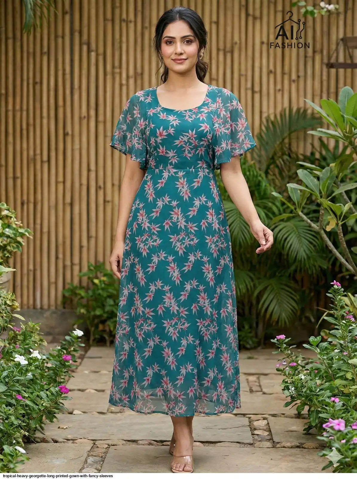 TROPICAL HEAVY GEORGETTE LONG PRINTED GOWN WITH FANCY SLEEVES C