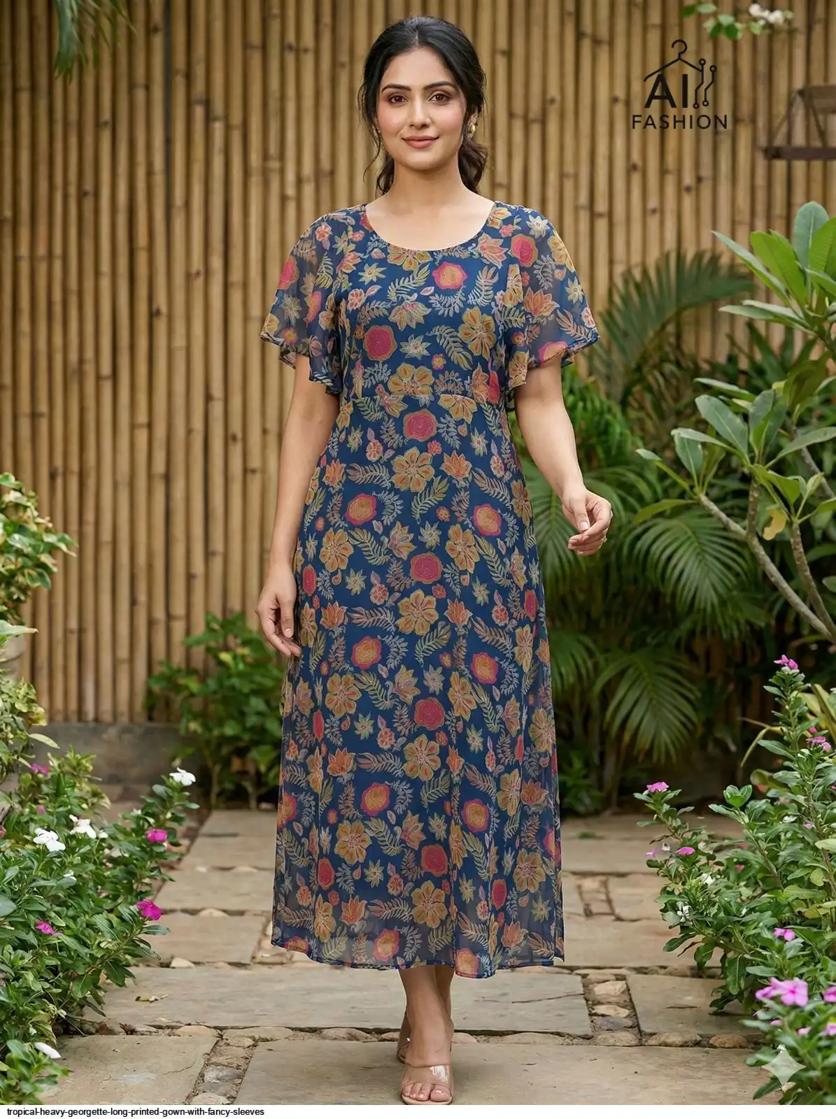 TROPICAL HEAVY GEORGETTE LONG PRINTED GOWN WITH FANCY SLEEVES B