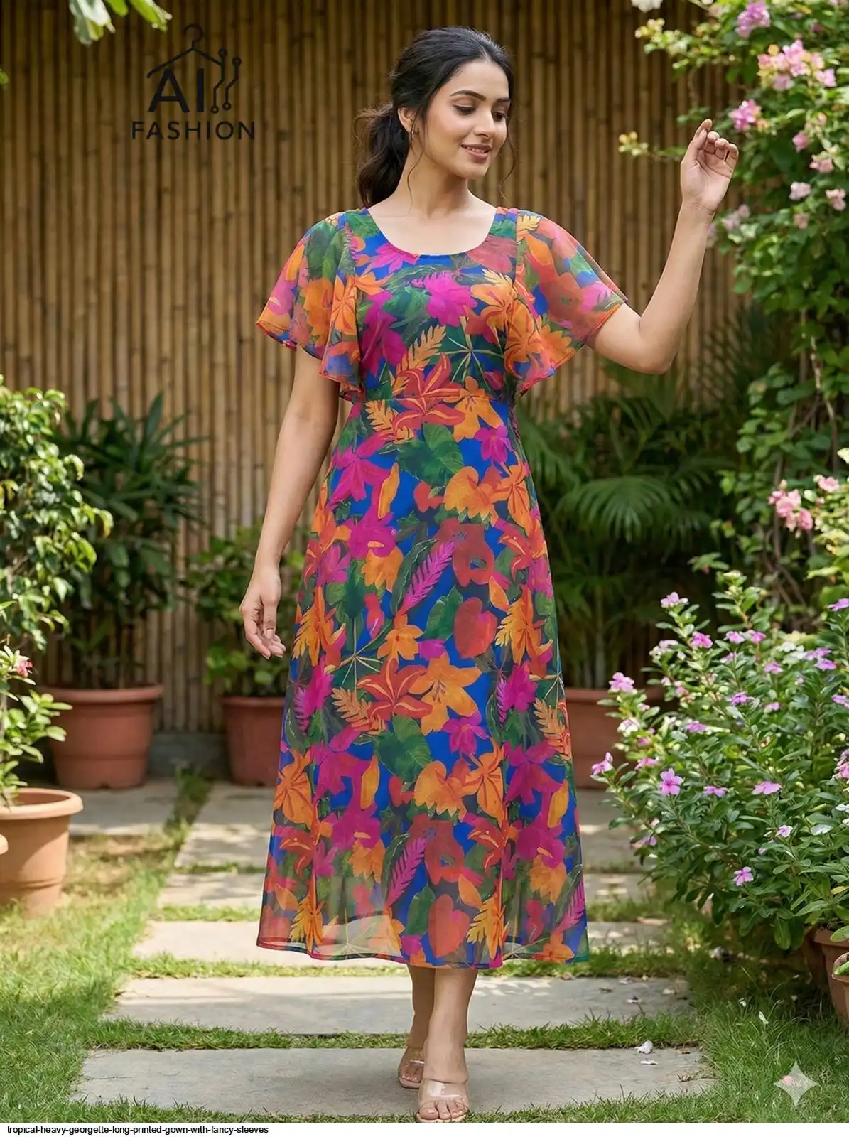 TROPICAL HEAVY GEORGETTE LONG PRINTED GOWN WITH FANCY SLEEVES F
