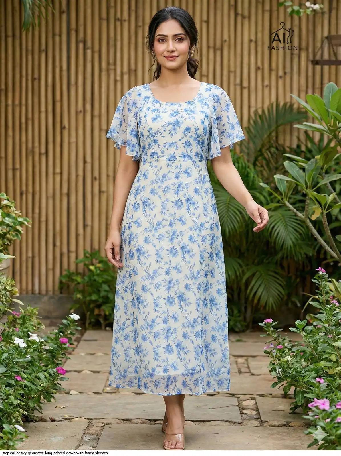 TROPICAL HEAVY GEORGETTE LONG PRINTED GOWN WITH FANCY SLEEVES D