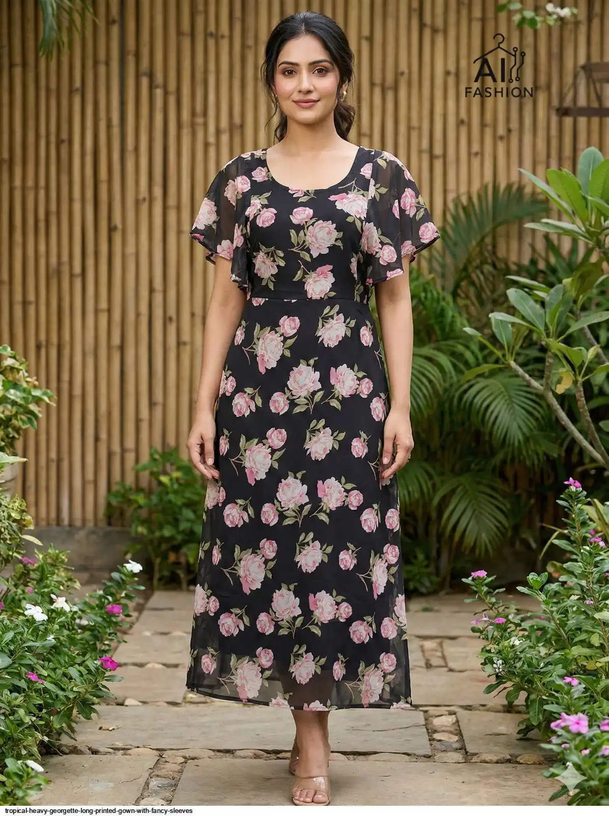TROPICAL HEAVY GEORGETTE LONG PRINTED GOWN WITH FANCY SLEEVES E