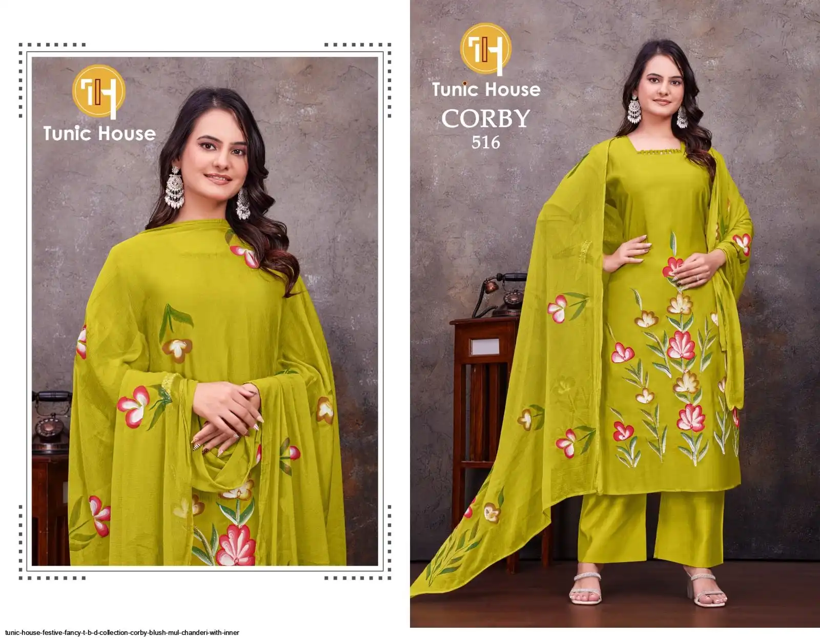 TUNIC HOUSE FESTIVE FANCY T B D COLLECTION CORBY BLUSH MUL CHANDERI WITH INNER 2