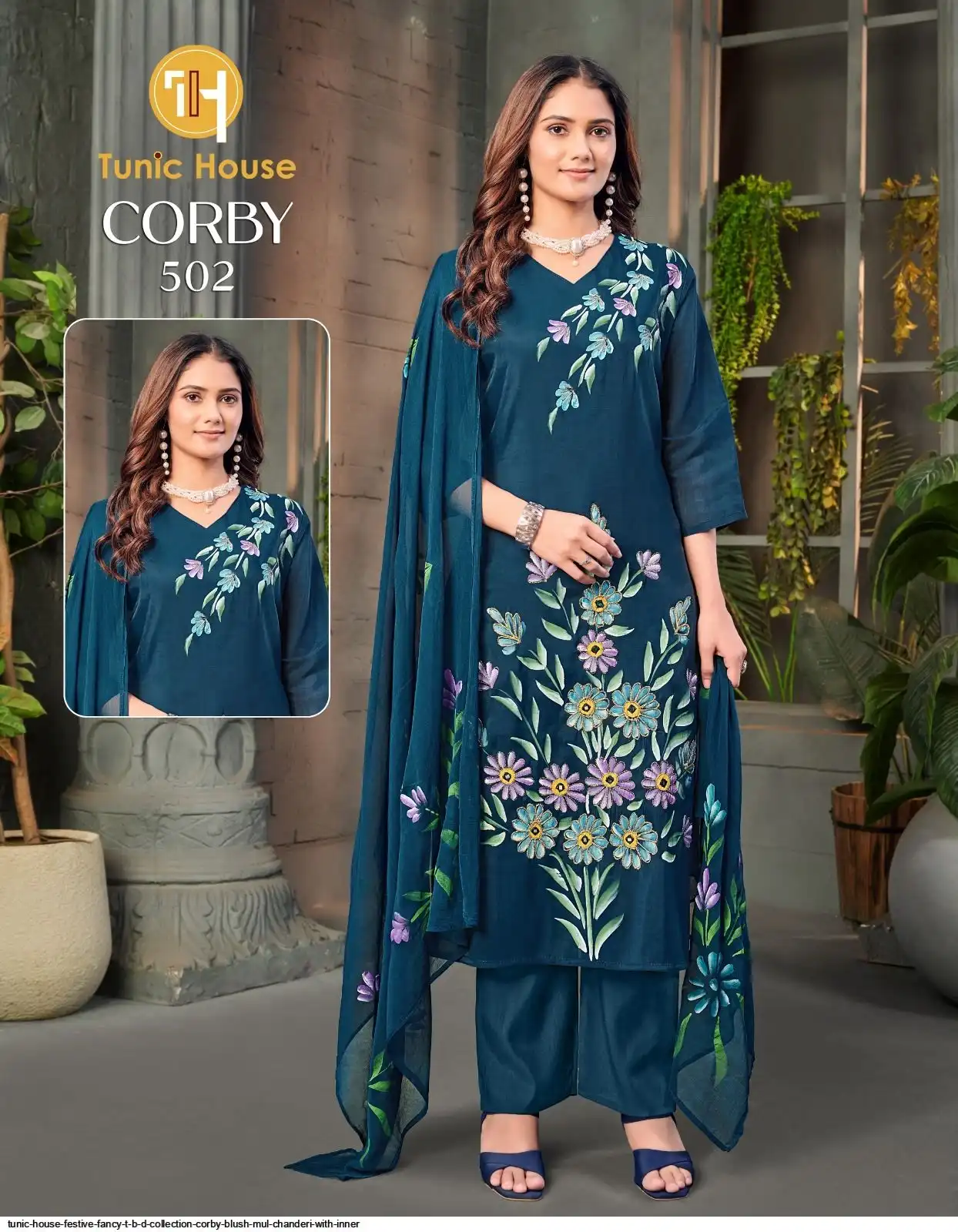 TUNIC HOUSE FESTIVE FANCY T B D COLLECTION CORBY BLUSH MUL CHANDERI WITH INNER 3