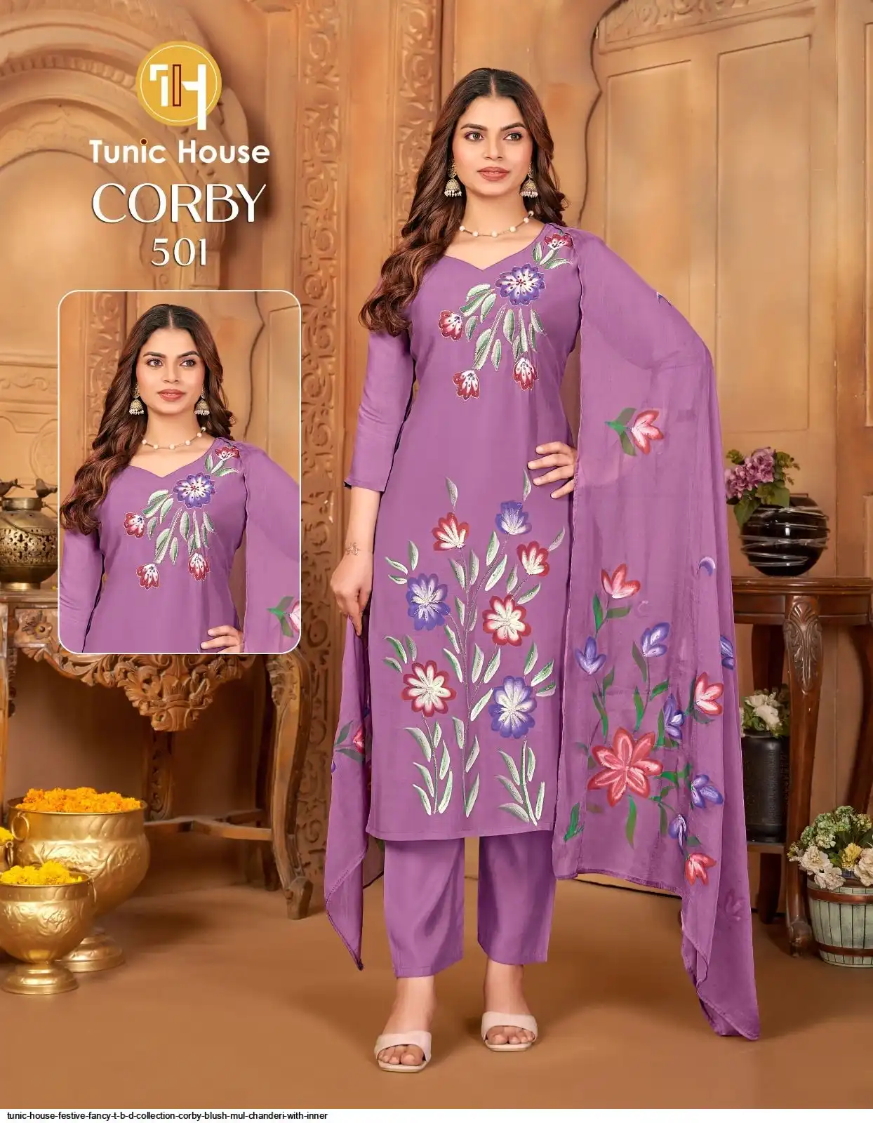 TUNIC HOUSE FESTIVE FANCY T B D COLLECTION CORBY BLUSH MUL CHANDERI WITH INNER 4