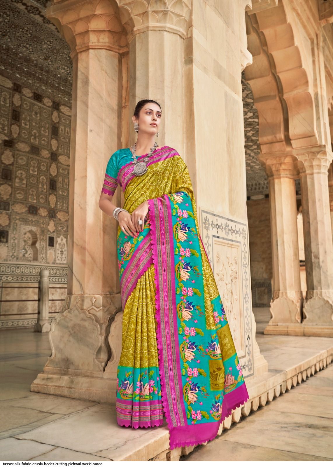 Tusser silk fabric crusia boder cutting Pichwai world saree