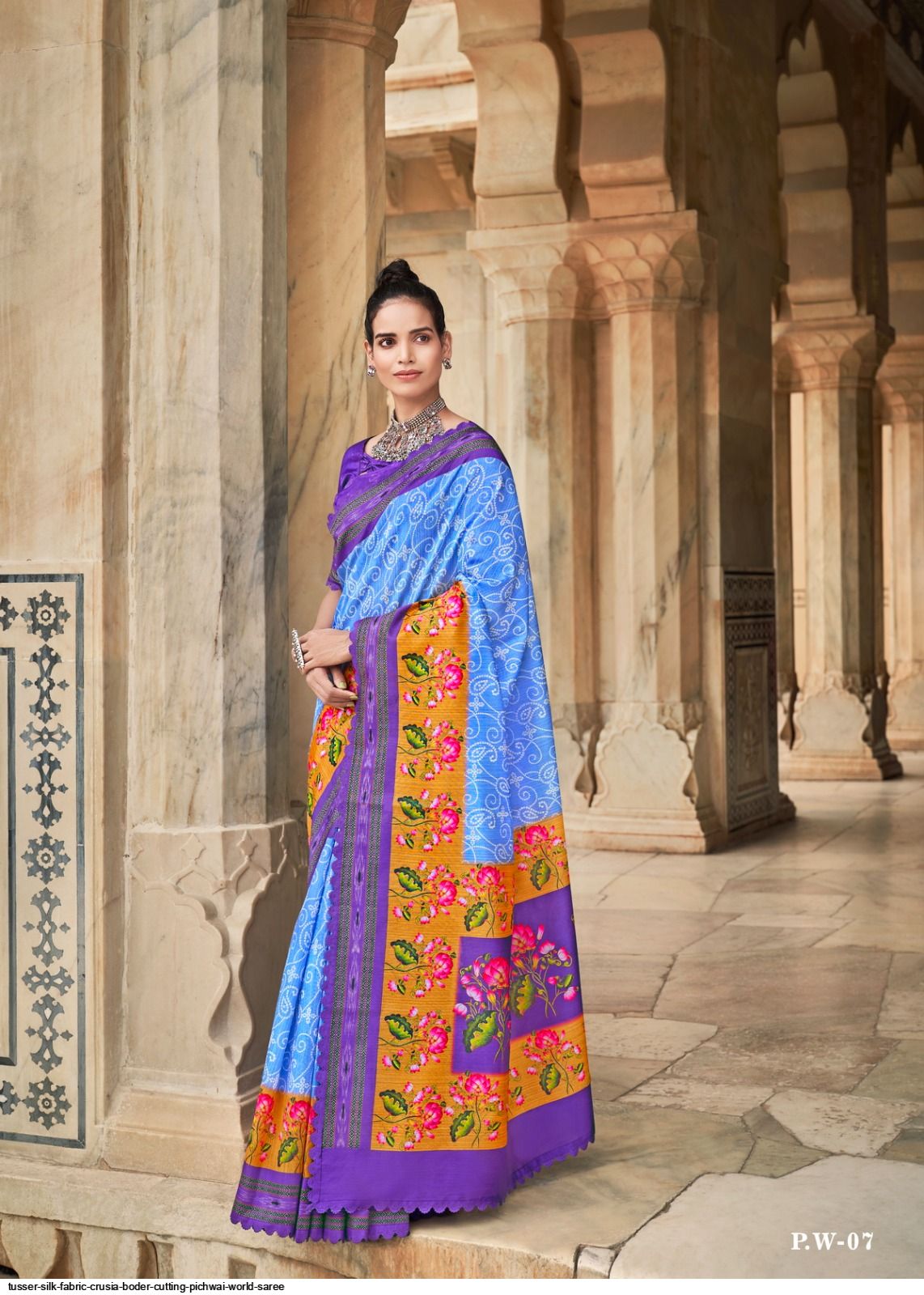 Tusser silk fabric crusia boder cutting Pichwai world saree