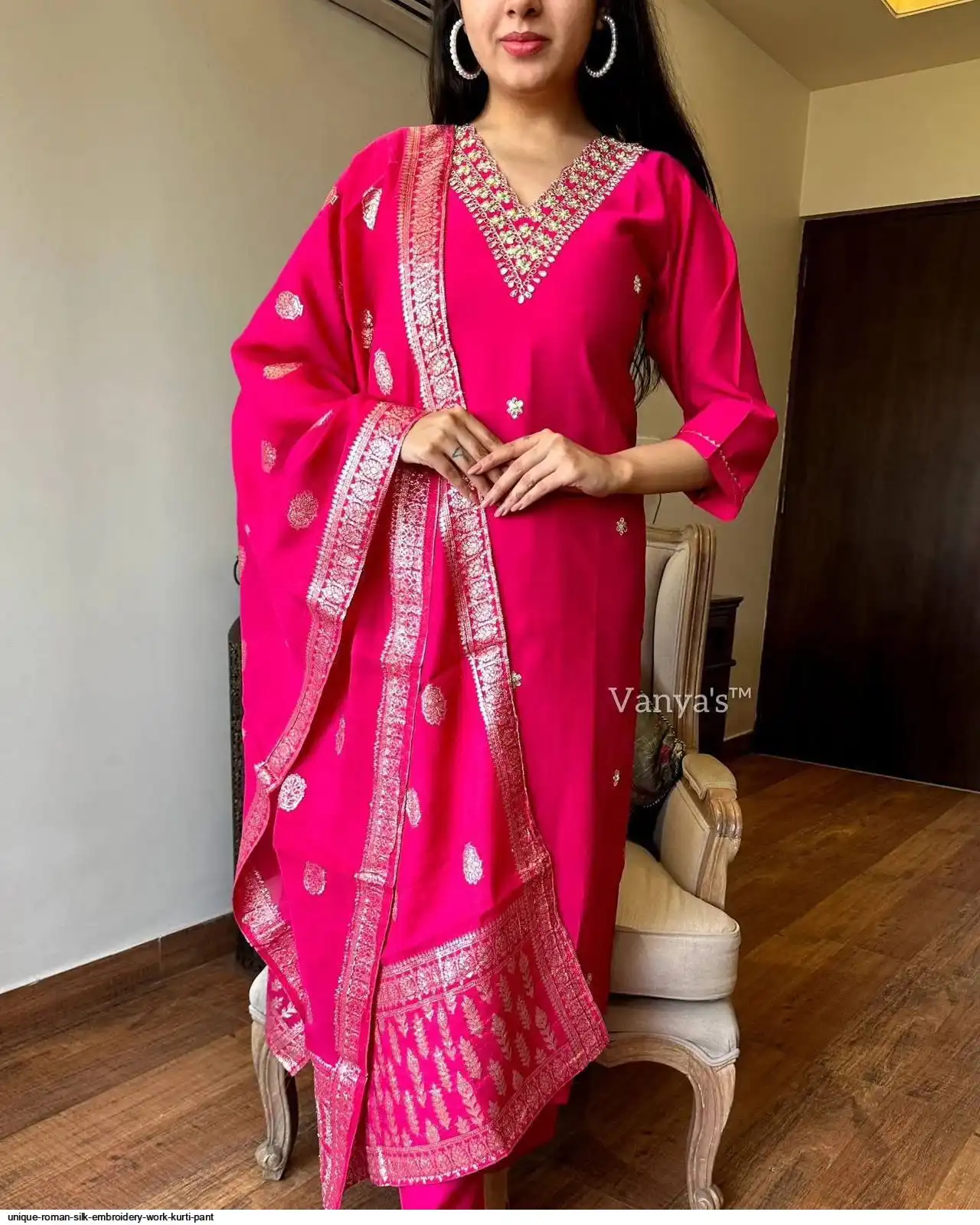 UNIQUE ROMAN SILK EMBROIDERY WORK KURTI PANT
