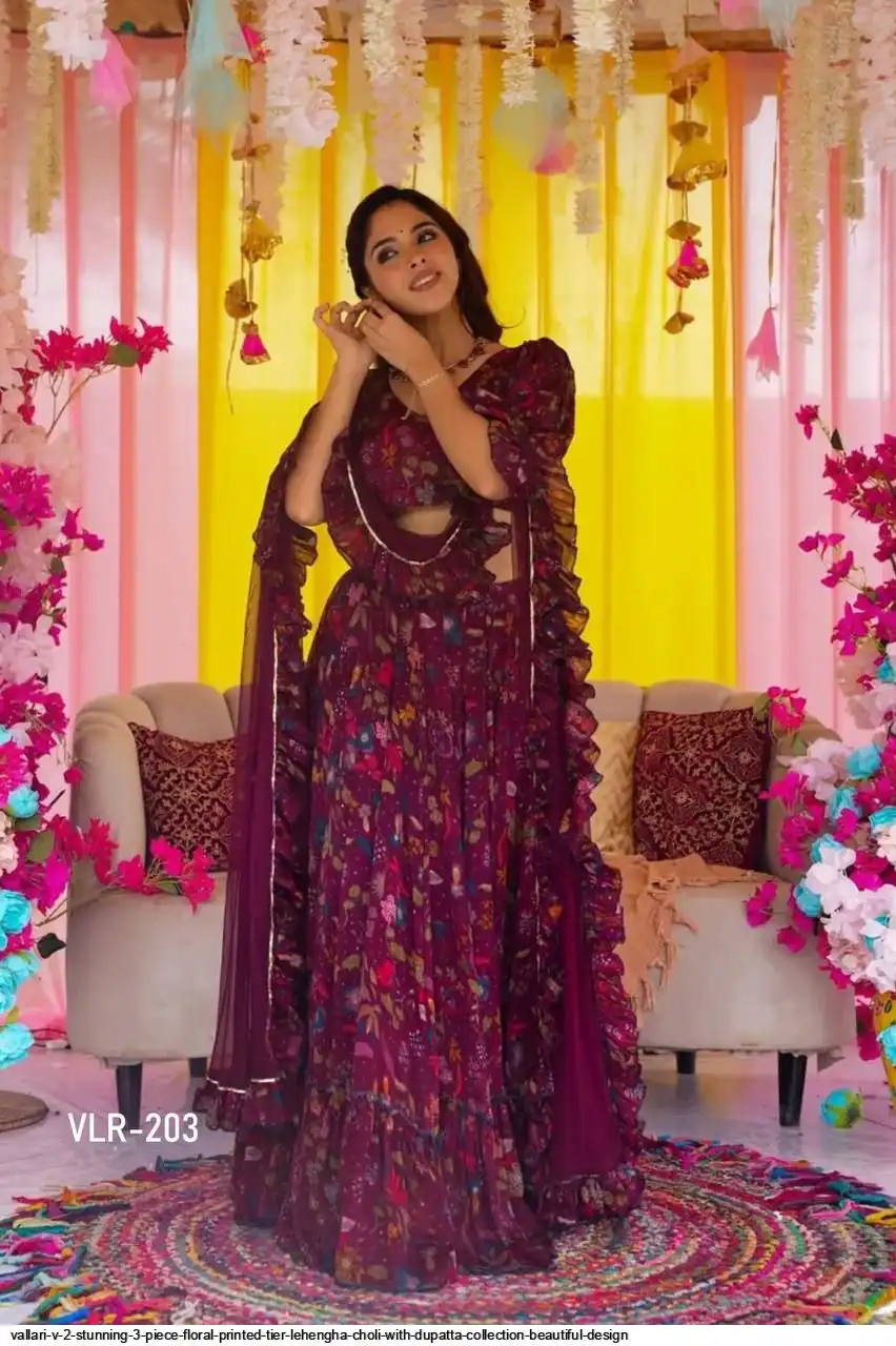VALLARI V 2 STUNNING 3 PIECE FLORAL PRINTED TIER LEHENGHA CHOLI WITH DUPATTA COLLECTION BEAUTIFUL DESIGN C
