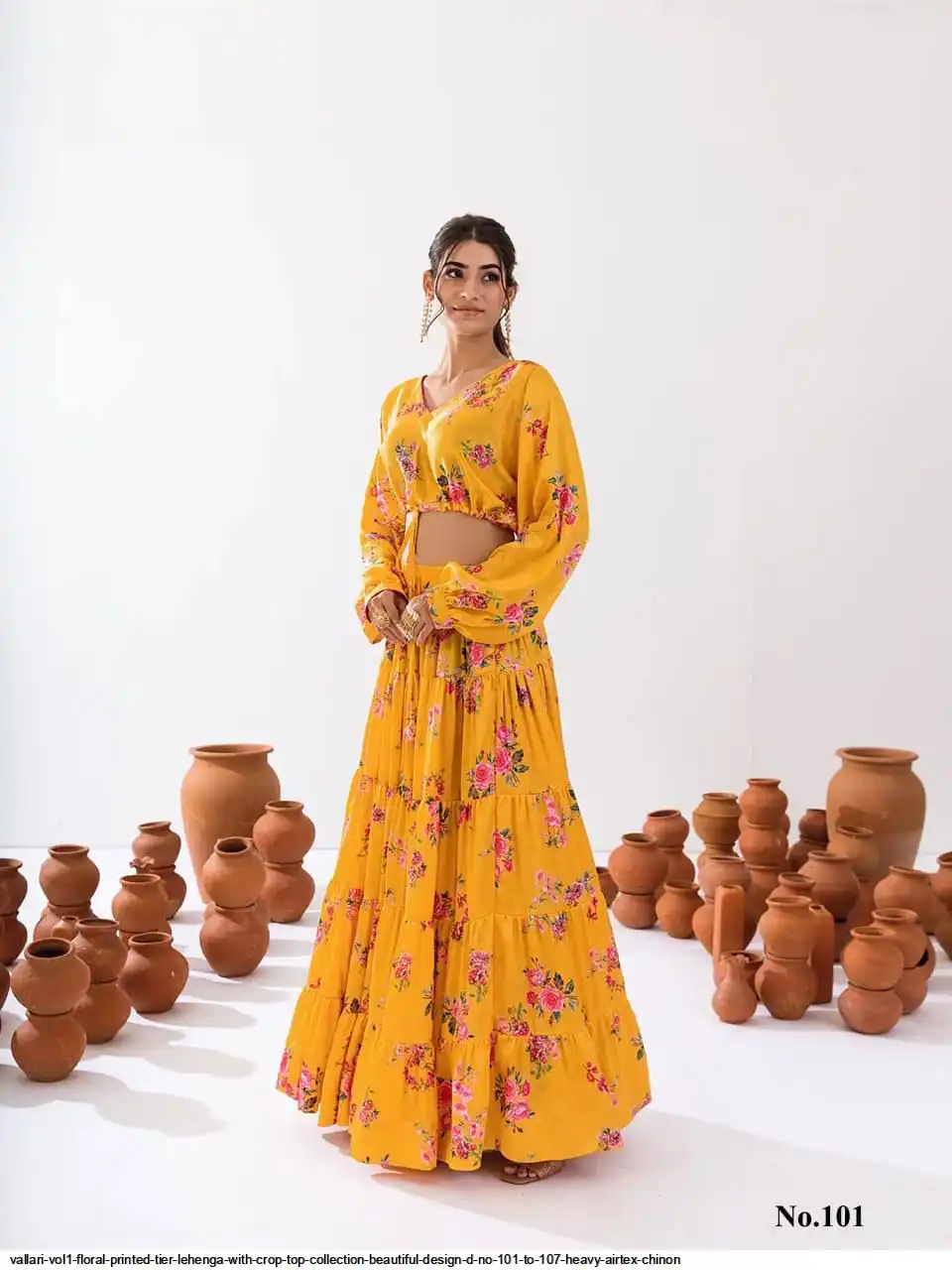 VALLARI VOL1 FLORAL PRINTED TIER LEHENGA WITH CROP TOP COLLECTION BEAUTIFUL DESIGN D NO 101 TO 107 HEAVY AIRTEX CHINON A