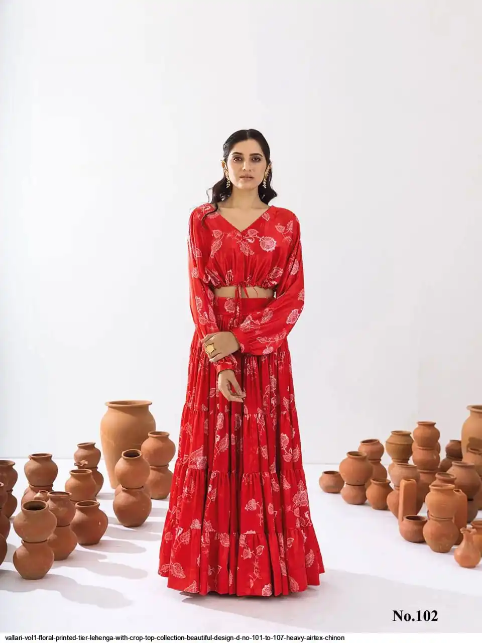 VALLARI VOL1 FLORAL PRINTED TIER LEHENGA WITH CROP TOP COLLECTION BEAUTIFUL DESIGN D NO 101 TO 107 HEAVY AIRTEX CHINON B