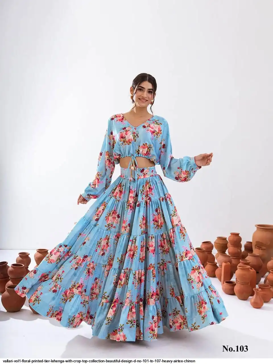 VALLARI VOL1 FLORAL PRINTED TIER LEHENGA WITH CROP TOP COLLECTION BEAUTIFUL DESIGN D NO 101 TO 107 HEAVY AIRTEX CHINON C