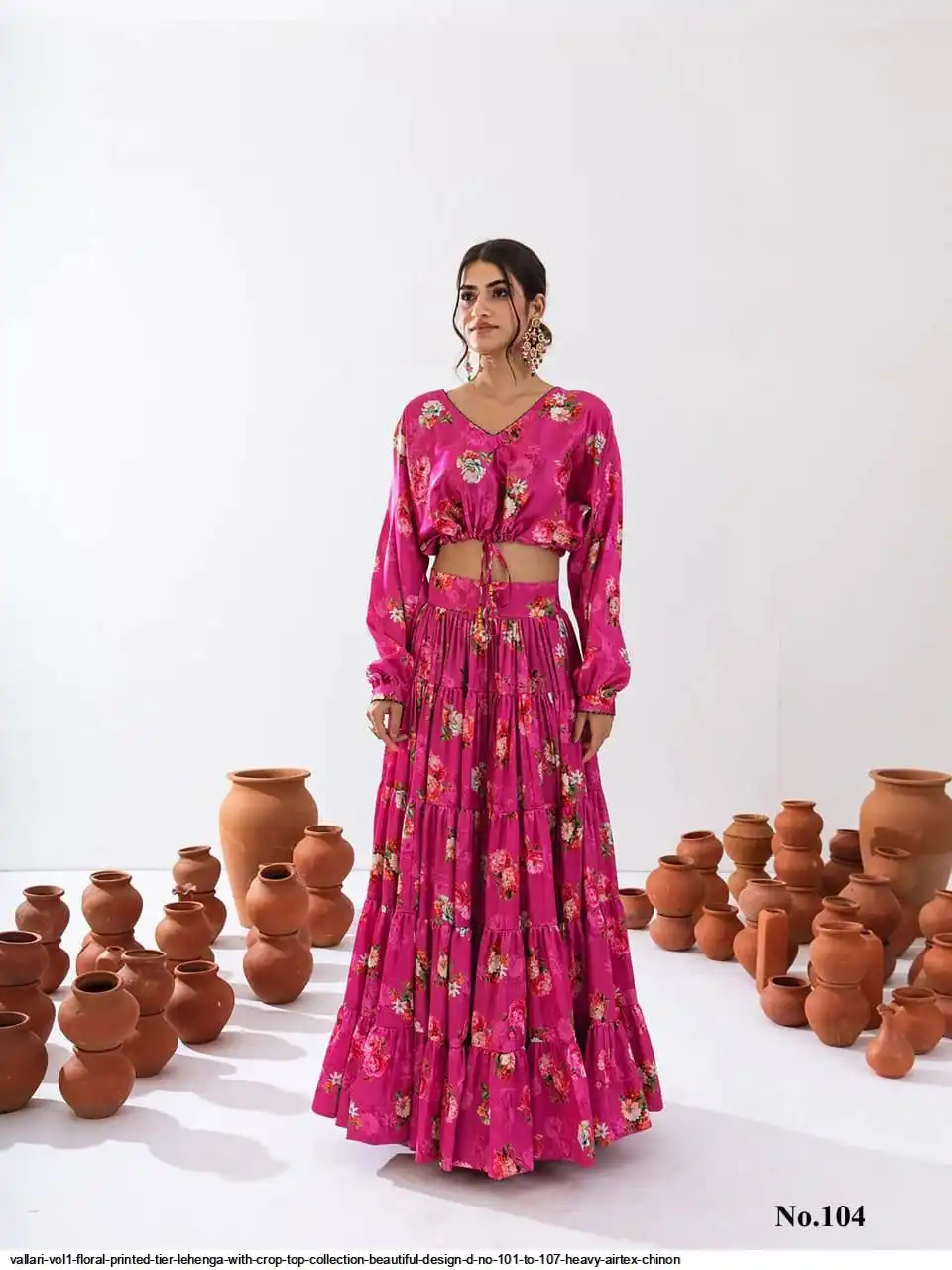 VALLARI VOL1 FLORAL PRINTED TIER LEHENGA WITH CROP TOP COLLECTION BEAUTIFUL DESIGN D NO 101 TO 107 HEAVY AIRTEX CHINON D