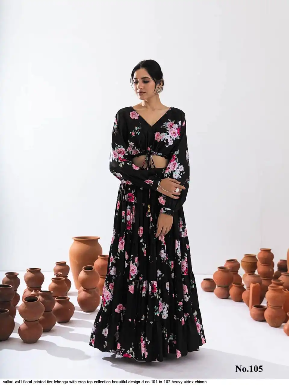 VALLARI VOL1 FLORAL PRINTED TIER LEHENGA WITH CROP TOP COLLECTION BEAUTIFUL DESIGN D NO 101 TO 107 HEAVY AIRTEX CHINON E