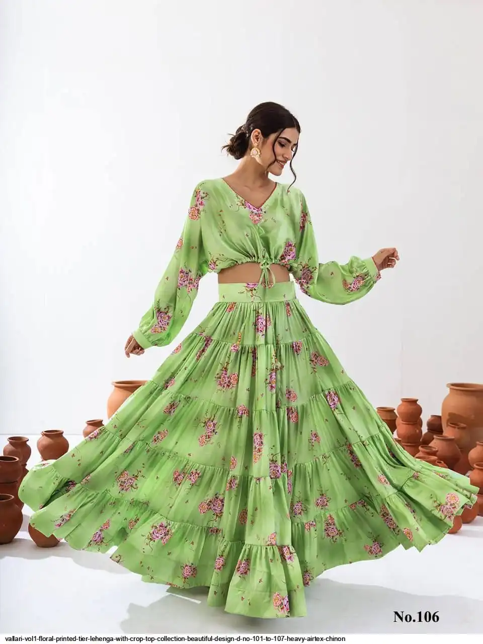 VALLARI VOL1 FLORAL PRINTED TIER LEHENGA WITH CROP TOP COLLECTION BEAUTIFUL DESIGN D NO 101 TO 107 HEAVY AIRTEX CHINON F