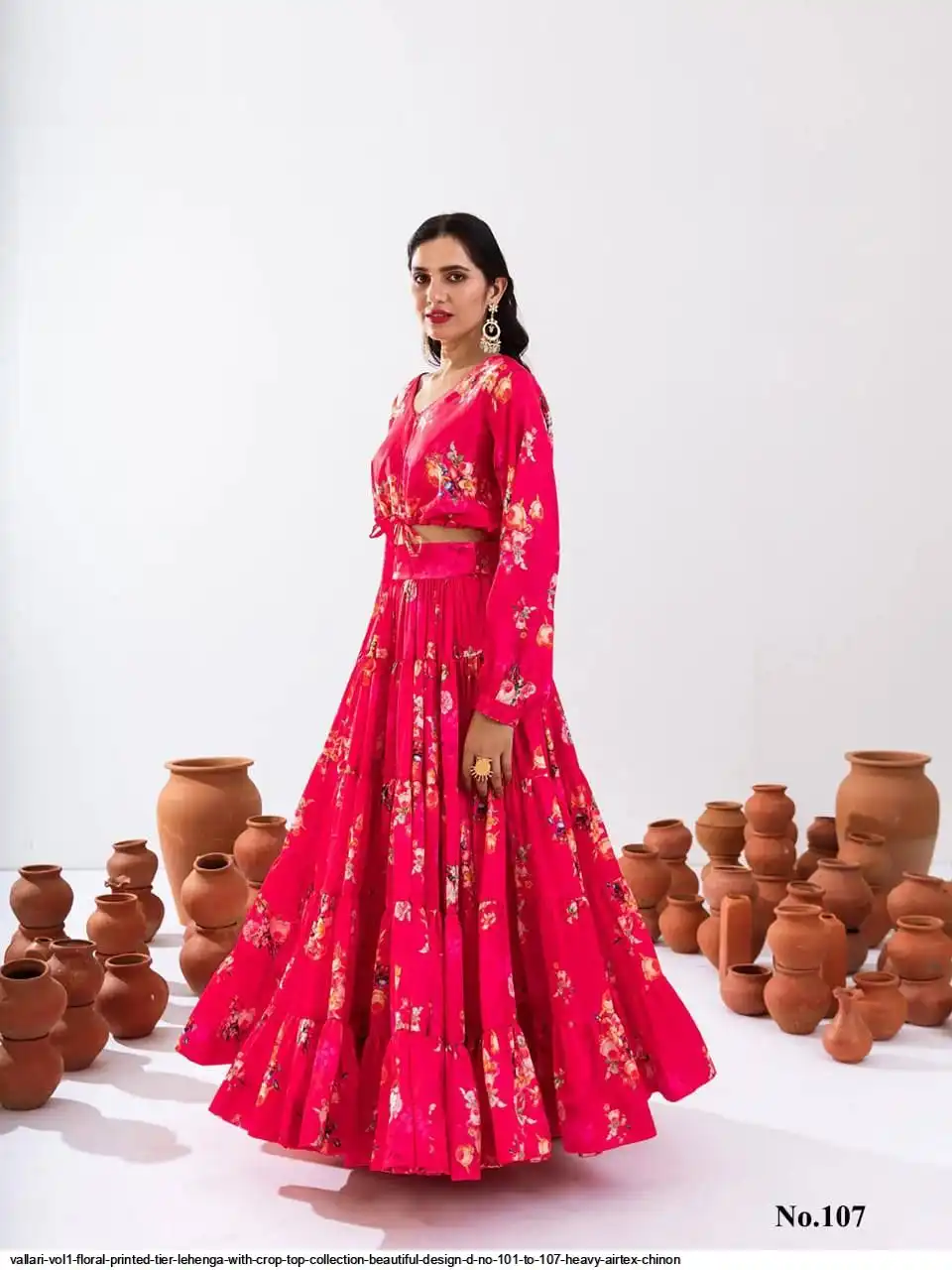 VALLARI VOL1 FLORAL PRINTED TIER LEHENGA WITH CROP TOP COLLECTION BEAUTIFUL DESIGN D NO 101 TO 107 HEAVY AIRTEX CHINON G
