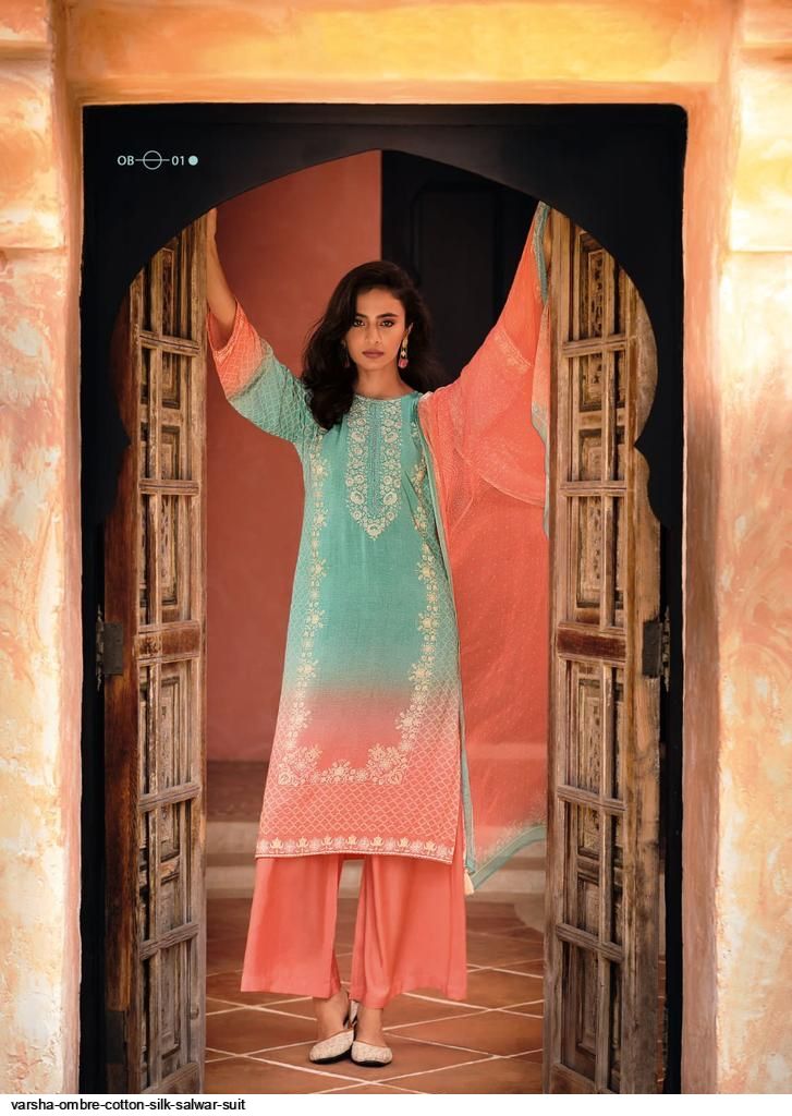 Teal Cotton Silk Salwar Suit With Kameez & Dupatta For Indian & Pakistani Wedding Festival - Thread & Sequence Embroidery Work main image 1
