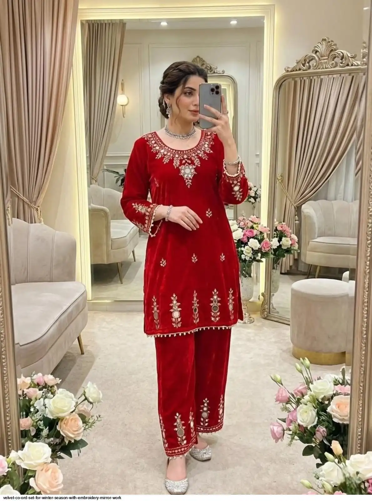 VELVET CO ORD SET FOR WINTER SEASON WITH EMBROIDERY MIRROR WORK 4