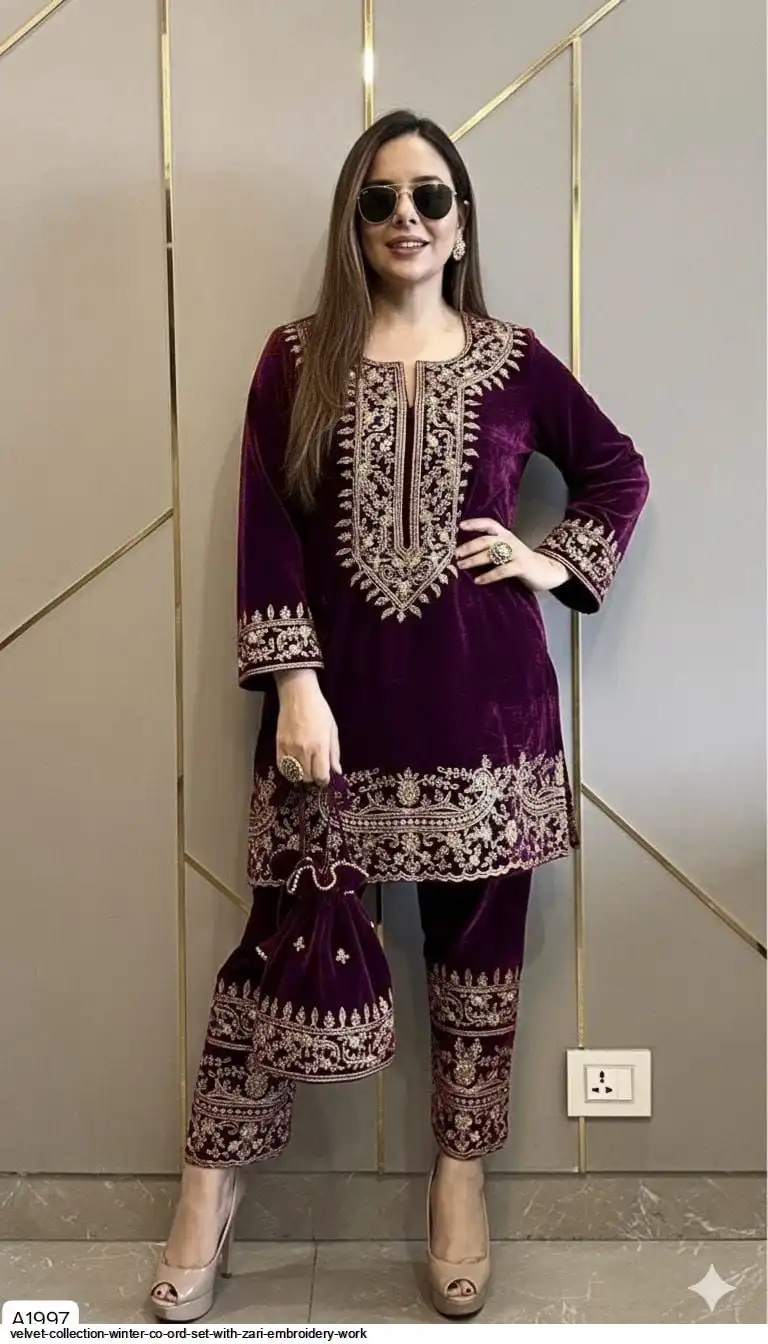 VELVET COLLECTION WINTER CO ORD SET WITH ZARI EMBROIDERY WORK 1