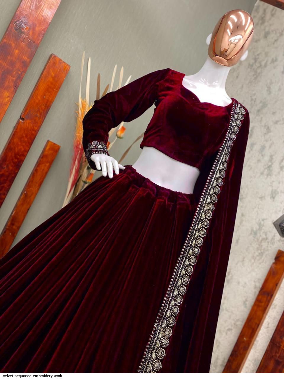 VELVET SEQUANCE EMBROIDERY WORK LEHENGA CHOLI