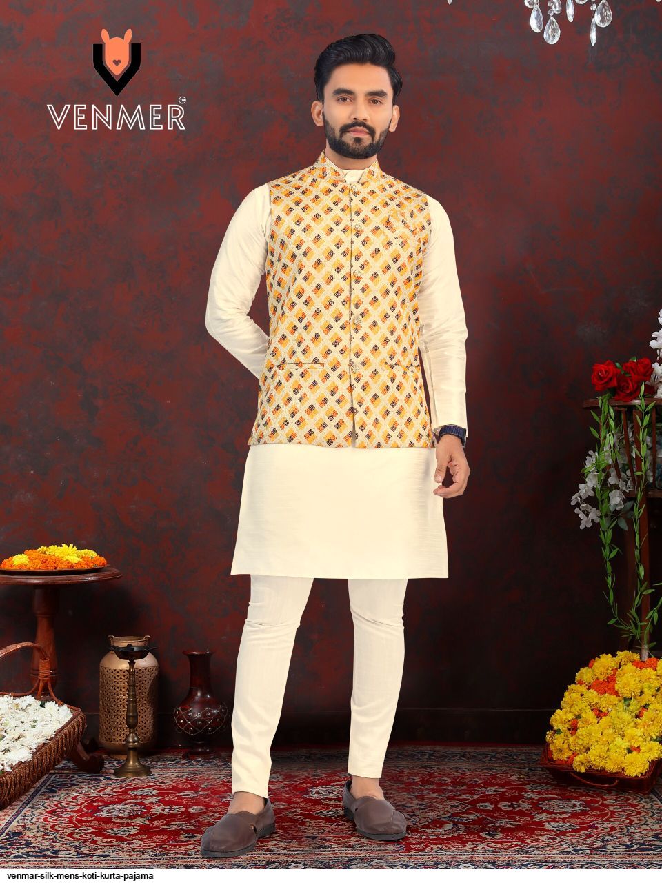 VENMER SILK MENS KOTI KURTA PAJAMA D